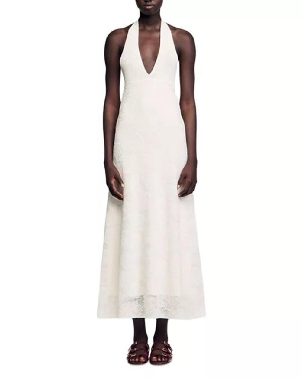 Sandro Paris Halter Maxi Angie Dress Guipure Lace Plunge V Neck Cream White